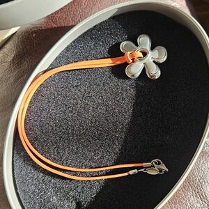 Fossil Silver Flower Necklace with Orange Cord